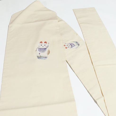 名古屋帯 リサイクル 帯丈372.5cm ポイント柄 招き猫柄 ベージュ Mサイズ 正絹 Cランク カジュアル お洒落