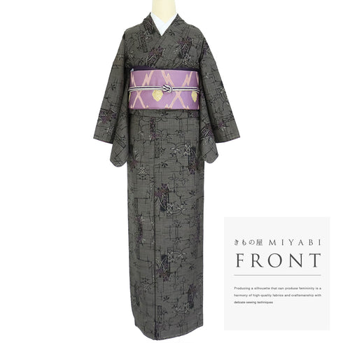 紬 リサイクル 身丈156.2cm 裄65.2cm 袷 草花柄 ブラウン Mサイズ お洒落 カジュアル しつけ糸 正絹 広衿 Sランク