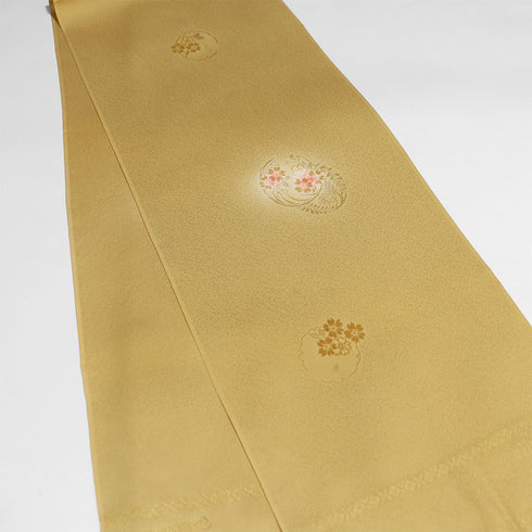 帯締め・帯揚げセット リサイクル お洒落 丸組紐 ちりめん イエロー 正絹 新品・未使用品 雪輪に花柄