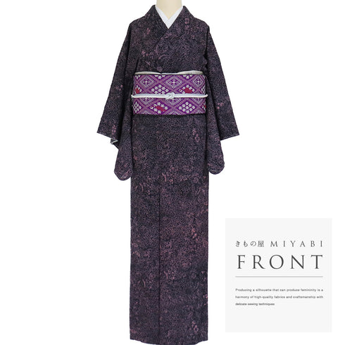 小紋 リサイクル 身丈156.2cm 裄62.6cm 袷 唐草柄 地紋 輝宝織 パープル Mサイズ お洒落 カジュアル 証紙 しつけ糸 正絹 広衿 Sランク