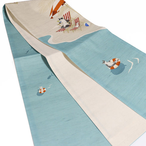京袋帯 リサイクル 帯丈386cm ポイント柄 ビーチに猫と鼠柄 WAKKA 夏物 ベージュ Lサイズ 麻 新品・未使用品 お洒落 カジュアル