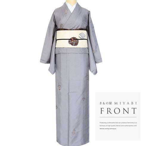 紬 リサイクル 身丈163.4cm 裄68.4cm 袷 ランプ柄 織り出し柄 パープル Lサイズ お洒落 正絹 広衿 Sランク