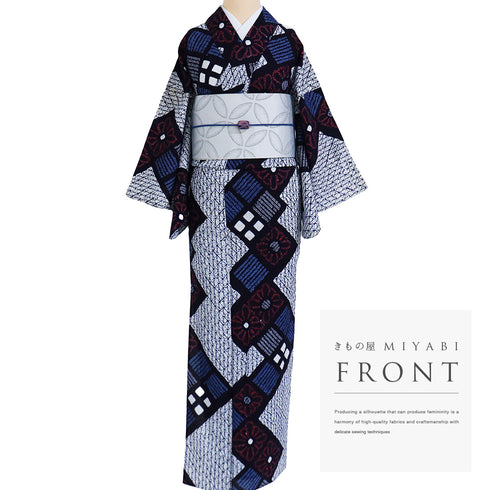 浴衣 リサイクル 夏着物 身丈154.5cm 裄63cm 夏物 菱形模様 絞り ネイビー Sサイズ カジュアル 木綿 洗える着物 バチ衿 Sランク