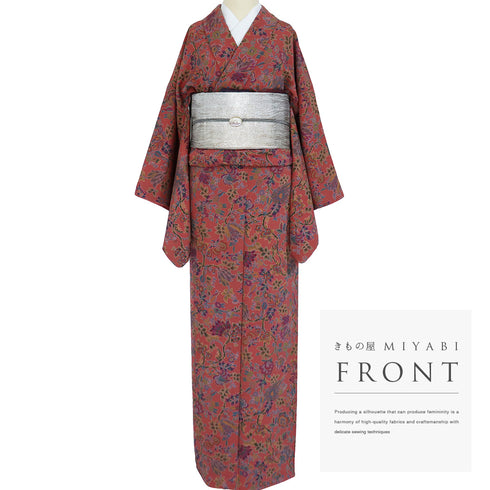 小紋 リサイクル 身丈163cm 裄67.4cm 袷 花唐草柄 ピンク Lサイズ お洒落 カジュアル 正絹 広衿 Sランク