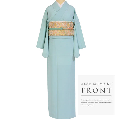 色無地 リサイクル 身丈160.3cm 裄65.2cm 袷 ブルー Mサイズ セミフォーマル お洒落 一つ紋 しつけ糸 正絹 広衿 Sランク