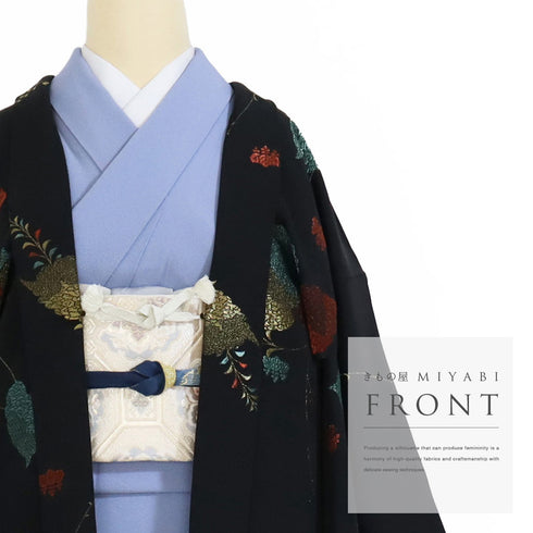 黒羽織 リサイクル 身丈81.5cm 裄64.8cm 袷 デザイン桐柄 地紋 ブラック Mサイズ フォーマル セミフォーマル 一つ紋 正絹 Sランク