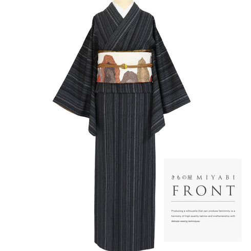 小紋 リサイクル 身丈167.6cm 裄66.8cm 袷 ストライプ柄 既製品 ブラック LLサイズ お洒落 カジュアル ポリエステル 洗える着物 広衿 Sランク