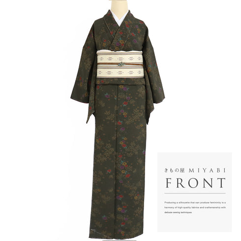 小紋 リサイクル 身丈163.2cm 裄63.6cm 袷 小花散らし柄 グリーン Lサイズ お洒落 カジュアル しつけ糸 正絹 広衿 Sランク