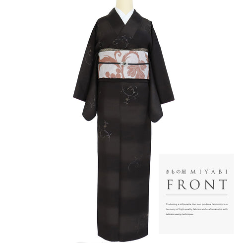 小紋 リサイクル 身丈161.7cm 裄64.8cm 袷 織・段ぼかし柄 刺繍 ブラウン Lサイズ お洒落 カジュアル 正絹 広衿 Sランク