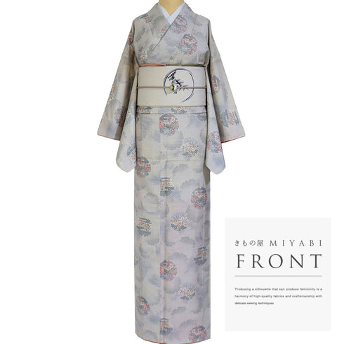 紬 リサイクル 身丈167cm 裄66.6cm 袷 雪輪に花柄 アイボリー LLサイズ カジュアル お洒落 正絹 広衿 Sランク