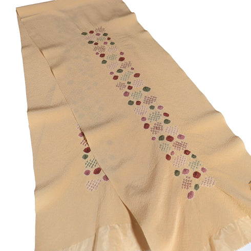 帯締め・帯揚げセット リサイクル 平組紐 ちりめん ベージュ 正絹 新品・未使用品 縦縞に絞り柄