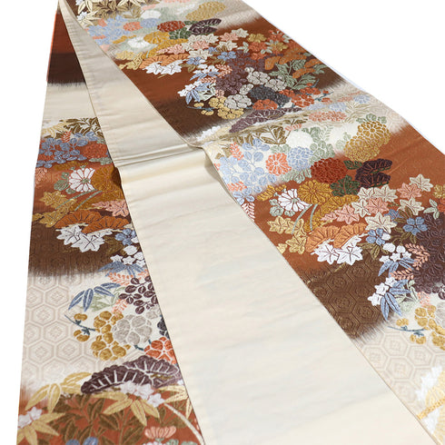 袋帯 リサイクル 帯丈424cm 六通 松や菊に草花模様 刺繍 唐錦 四季草花文 ブラウン Sサイズ 正絹 Sランク フォーマル セミフォーマル