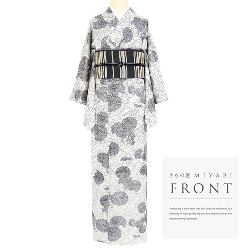 小紋 リサイクル 身丈155.8cm 裄63.2cm 単衣 菊柄 アイボリー Mサイズ お洒落 カジュアル 正絹 バチ衿 Aランク