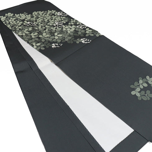 名古屋帯 リサイクル 帯丈384cm ポイント柄 開き仕立て 萩柄 型染め 裏布無し ちりめん グリーン Lサイズ 正絹 Sランク お洒落