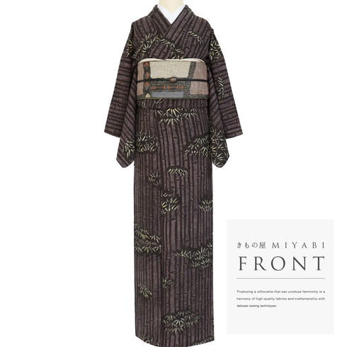 小紋 リサイクル 身丈164.5cm 裄64.8cm 袷 臈纈染め 竹柄 変わり織り 洛遊庵 ブラウン Lサイズ お洒落 カジュアル 正絹 広衿 Sランク