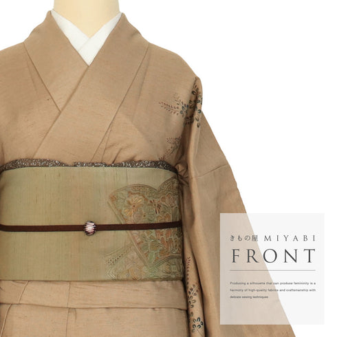 付下げ リサイクル 身丈160.8cm 裄65.2cm 袷 鳳凰柄 草花柄 紬 ブラウン Lサイズ お洒落 一つ紋 正絹 広衿 Sランク