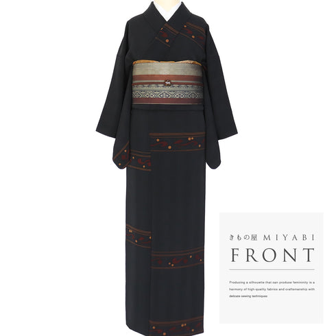 小紋 リサイクル 身丈152.7cm 裄64cm 袷 横段柄 パールトーン加工 ブラック Sサイズ お洒落 カジュアル 正絹 広衿 Sランク