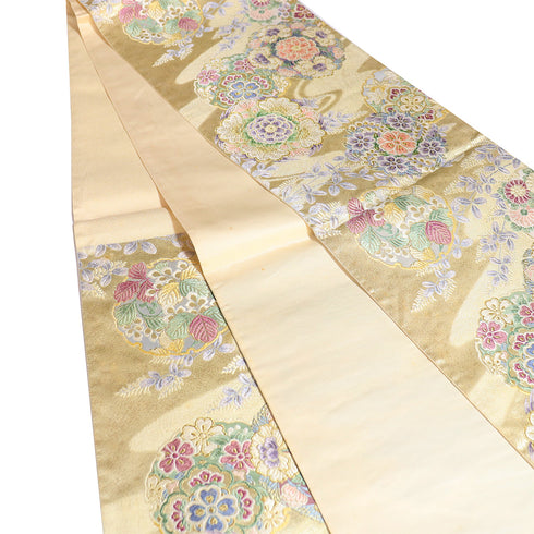 袋帯 リサイクル 帯丈444cm 六通 花丸柄 雪輪柄 ゴールド Mサイズ 正絹 Aランク フォーマル