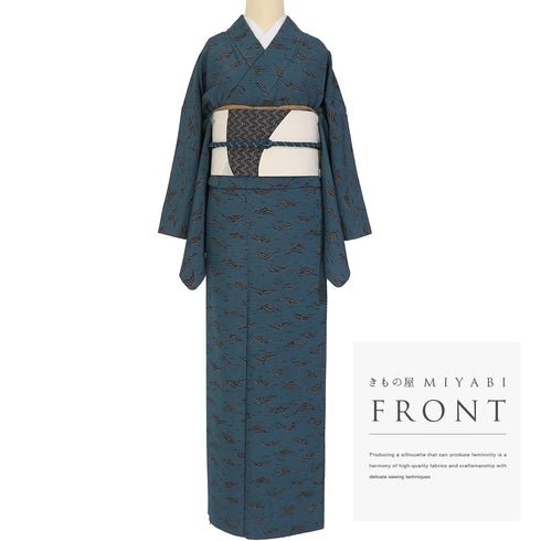 小紋 リサイクル 身丈163cm 裄67.8cm 袷 幾何学模様 お洒落八掛 ブルー Lサイズ お洒落 カジュアル 正絹 広衿 Aランク