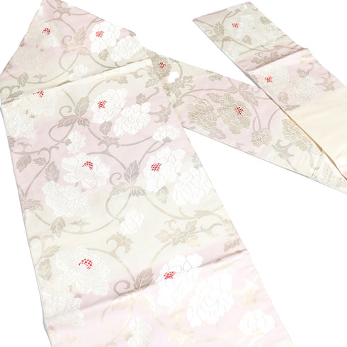 名古屋帯 リサイクル 帯丈353.5cm 六通 唐花柄 横段ぼかし ピンク Sサイズ 正絹 未使用品 お洒落