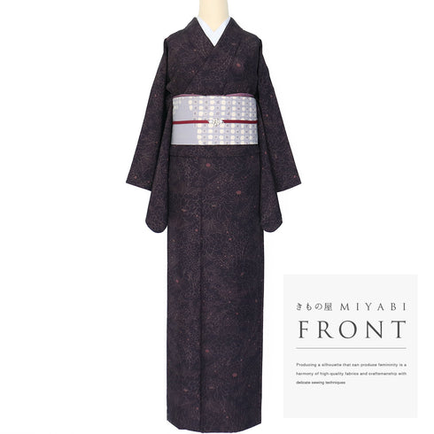 小紋 リサイクル 身丈167cm 裄66.4cm 袷 花柄 パープル LLサイズ お洒落 カジュアル 正絹 広衿 Aランク