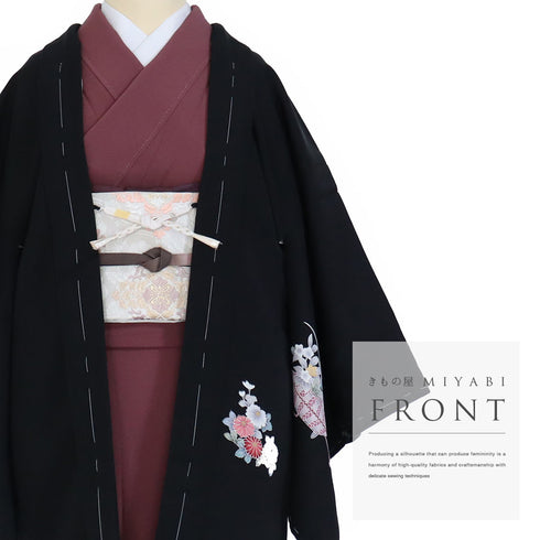 黒羽織 リサイクル 身丈78.3cm 裄64cm 袷 花籠柄 箔 ブラック Sサイズ フォーマル セミフォーマル 一つ紋 しつけ糸 正絹 Sランク