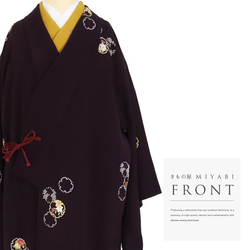 道中着 リサイクル 身丈107.3cm 裄67cm 袷 雪輪に花柄 パールトーン加工 パープル Lサイズ お洒落 カジュアル 正絹 Sランク