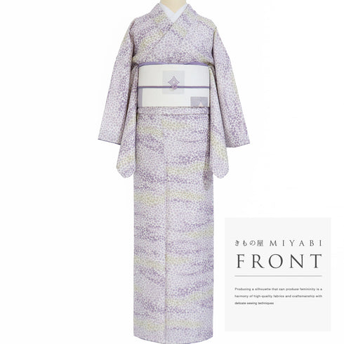 小紋 リサイクル 身丈158.5cm 裄66.4cm 袷 地紋 パープル Mサイズ お洒落 カジュアル ポリエステル 洗える着物 広衿 Sランク