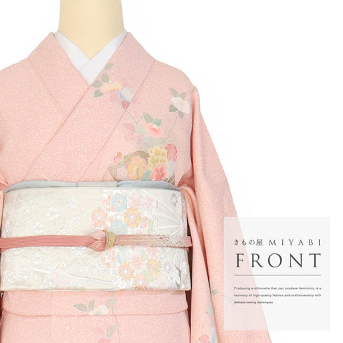 訪問着 リサイクル 身丈162.3cm 裄67.4cm 袷 地紙に牡丹柄 ピンク Lサイズ フォーマル セミフォーマル 落款 正絹 広衿 Sランク