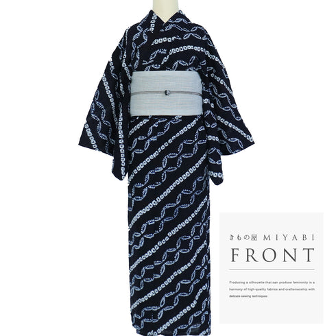 浴衣 リサイクル 夏着物 身丈151.5cm 裄65.2cm 夏物 絞り 七宝柄 ブラック Sサイズ カジュアル 木綿 洗える着物 バチ衿 Bランク