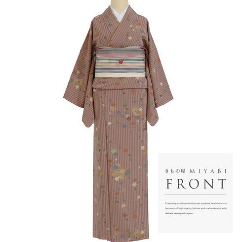 小紋 リサイクル 身丈158.8cm 裄64.4cm 袷 縞に紅葉 箔 ブラウン Mサイズ お洒落 カジュアル しつけ糸 正絹 広衿 Sランク