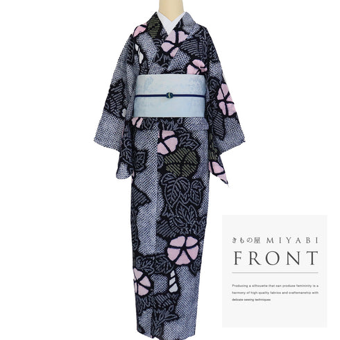 リサイクル 夏着物 身丈155.5cm 裄66cm 夏物 絞り 花柄 ネイビー Mサイズ カジュアル 木綿 洗える着物 バチ衿 Sランク