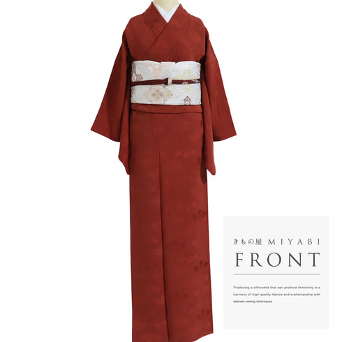 色無地 リサイクル 身丈164cm 裄65.2cm 袷 レッド Lサイズ セミフォーマル 一つ紋 正絹 広衿 地紋あり Sランク