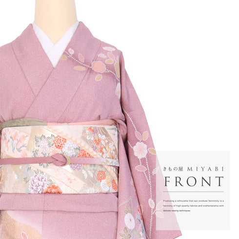 付下げ リサイクル 身丈159cm 裄63cm 袷 道長取りに菊やしだれ花模様 絞り柄 パープル Mサイズ セミフォーマル 一つ紋 正絹 広衿 Aランク