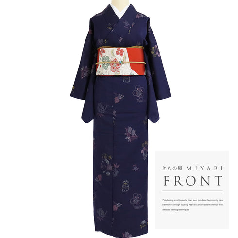 小紋 リサイクル 身丈153.5cm 裄64cm 袷 アンティーク お召し 花柄 ネイビー Sサイズ お洒落 正絹 広衿 Aランク