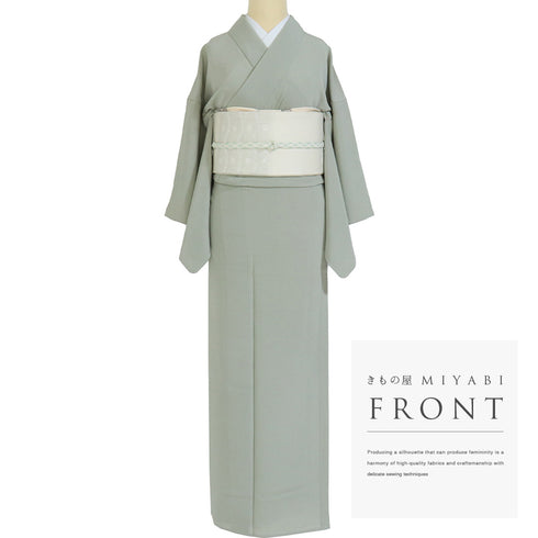 色無地 リサイクル 身丈154.5cm 裄62cm 単衣 グリーン Sサイズ セミフォーマル 落款 一つ紋 正絹 広衿 Sランク