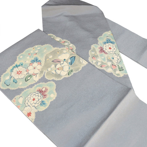 名古屋帯 リサイクル 帯丈375.5cm ポイント柄 辻が花 帯前部分開き仕立て ちりめん グレー Mサイズ 正絹 Sランク お洒落 落款