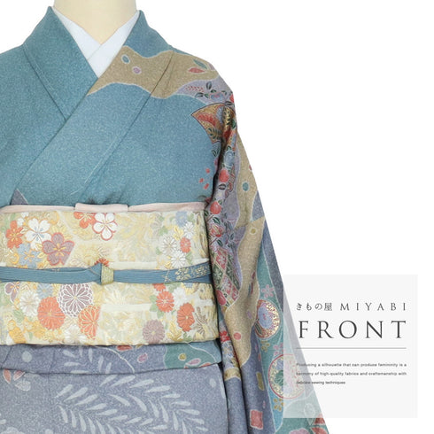 訪問着 リサイクル 身丈164.5cm 裄68.5cm 袷 道長雲取り 花柄 箔加工 絞り加工 ブルー Lサイズ セミフォーマル お洒落 正絹 広衿 Sランク