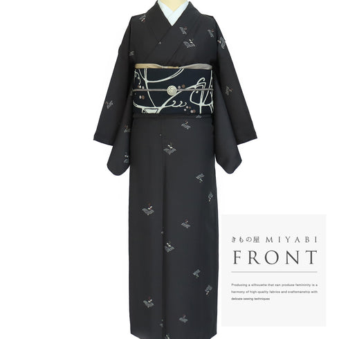 小紋 リサイクル 身丈157.5cm 裄63.6cm 単衣 青海波にひょうたん柄 地紋 ブラック Mサイズ お洒落 カジュアル ポリエステル 洗える着物 広衿 Aランク