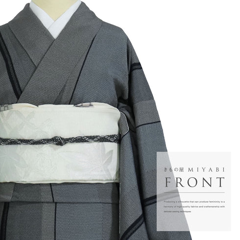 紬 リサイクル 身丈161cm 裄65.4cm 単衣 縞模様 後身頃居敷当て付き グレー Lサイズ カジュアル お洒落 正絹 広衿 Sランク