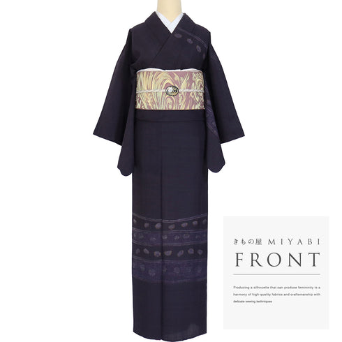 紬 リサイクル 身丈159cm 裄62.4cm 単衣 付下げ柄 パールトーン加工 パープル Mサイズ お洒落 正絹 広衿 Aランク