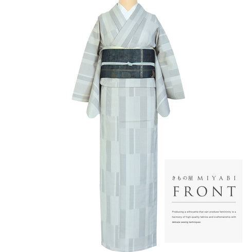 紬 リサイクル 身丈160.5cm 裄64.8cm 単衣 絣寄せ柄 グレー Lサイズ カジュアル お洒落 混合 洗える着物 広衿 Sランク