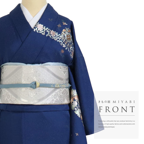 訪問着 リサイクル 身丈162.8cm 裄62.6cm 袷 金彩に双鳥と華文模様 ブルー Lサイズ セミフォーマル しつけ糸 正絹 広衿 Sランク