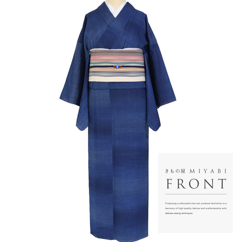 紬 リサイクル 身丈156.5cm 裄63.6cm 袷 縞模様 ラメ グラデーション ブルー Mサイズ お洒落 しつけ糸 正絹 広衿 Sランク