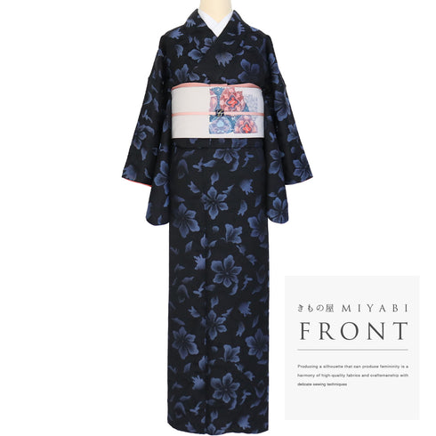 小紋 リサイクル 身丈154.5cm 裄63.6cm 袷 アンティーク お召 花柄 地紋 ネイビー Sサイズ お洒落 カジュアル 正絹 広衿 Aランク