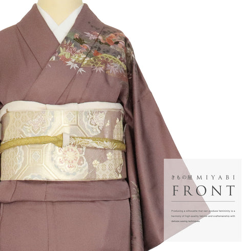 訪問着 リサイクル 身丈156.5cm 裄62.8cm 袷 蘇州刺繍 鴛鴦柄 パープル Mサイズ フォーマル セミフォーマル 落款 しつけ糸 正絹 広衿 Sランク