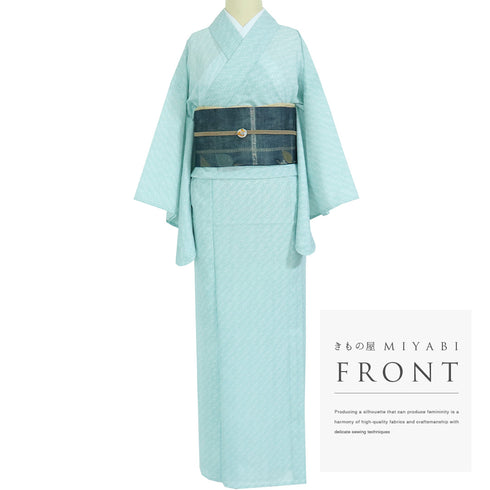 小紋 リサイクル 夏着物 身丈156.7cm 裄65cm 絽 デザイン扇子柄 グリーン Mサイズ お洒落 ポリエステル 洗える着物 バチ衿 Sランク