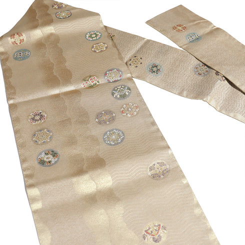 名古屋帯 リサイクル 帯丈367.5cm 六通 華文柄 箔 ゴールド Mサイズ 正絹 Sランク セミフォーマル お洒落