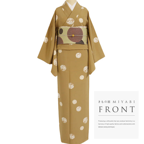 小紋 リサイクル 身丈157.6cm 裄66.4cm 袷 丸に花柄 イエロー Mサイズ お洒落 カジュアル 正絹 広衿 Aランク