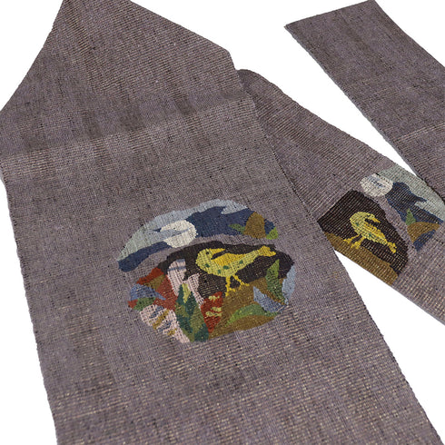 名古屋帯 リサイクル ポイント柄 月に鳥柄 パープル サイズ 正絹 新品・未使用品 カジュアル